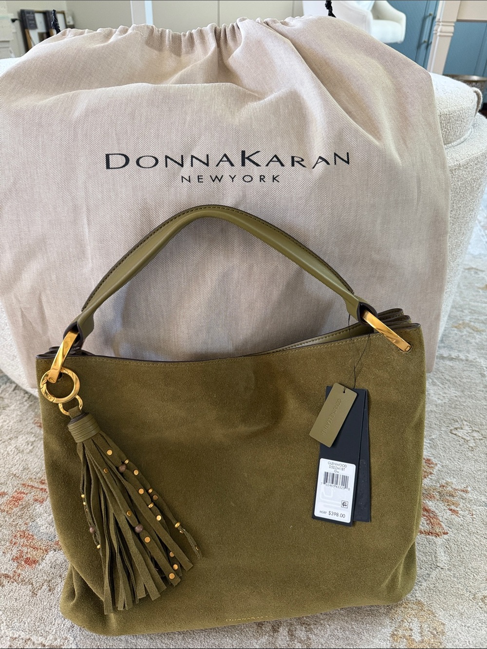 Donna Karan Olive Suede Shoulder Hobo with Tassel & Gold Hardware.